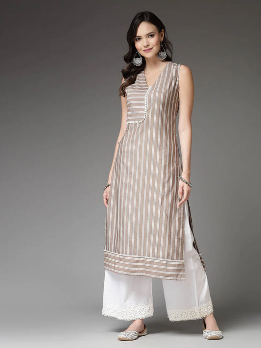 Woven Striped Cotton Blend Straight Kurta