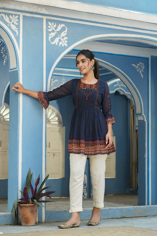 Indigo Georgette Festive Printed Flared Tunic