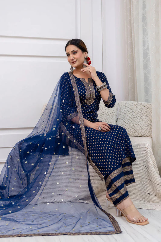 Navy Blue Gold Printed Straight Kurta Set With Net Dupatta