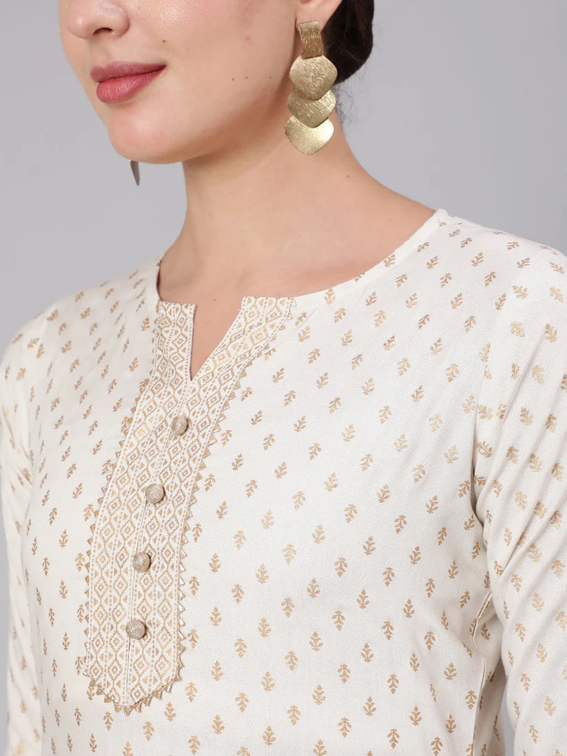 White Gold Printed Straight Kurta Set With Net Dupatta