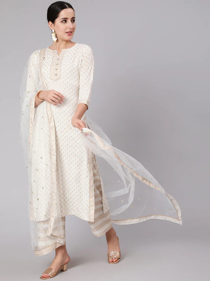 White Gold Printed Straight Kurta Set With Net Dupatta