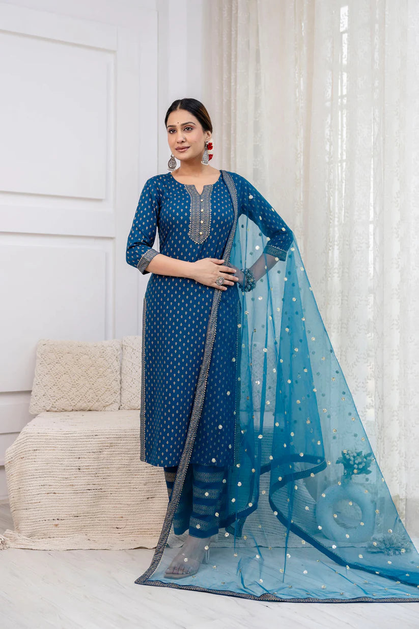 Blue Gold Printed Straight Kurta Set With Net Dupatta