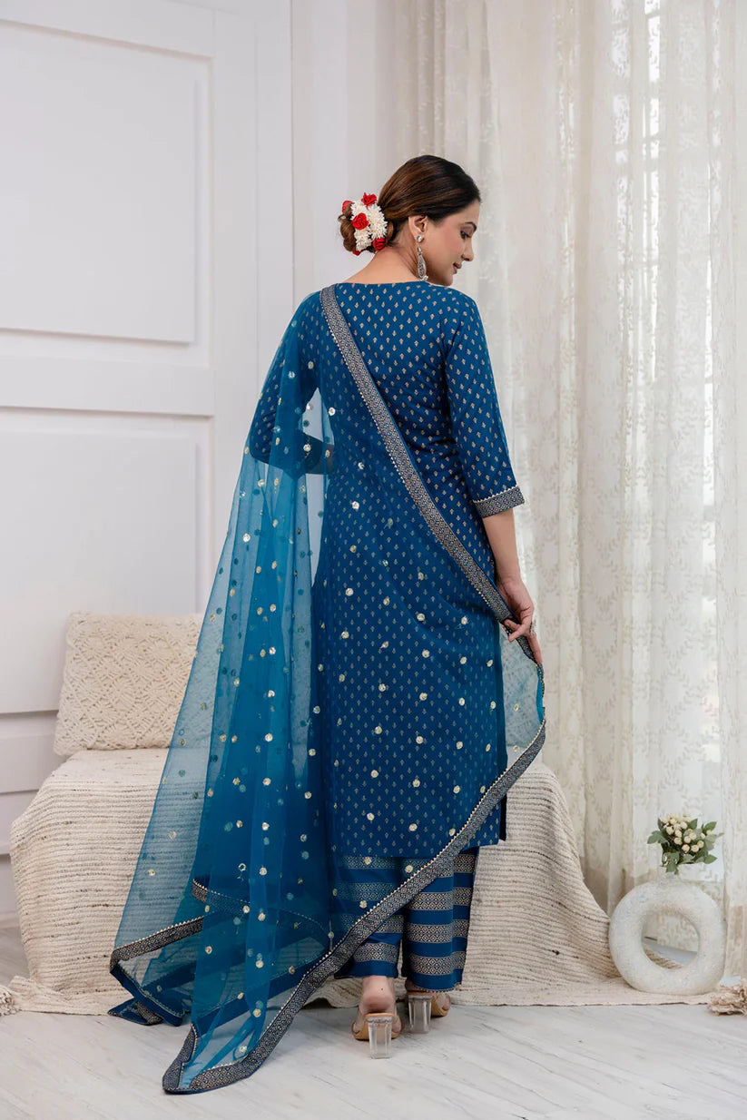 Blue Gold Printed Straight Kurta Set With Net Dupatta