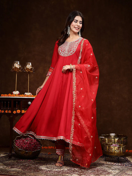 Red Solid & Embroidered Rayon Anarkali Kurta Pant Dupatta Set