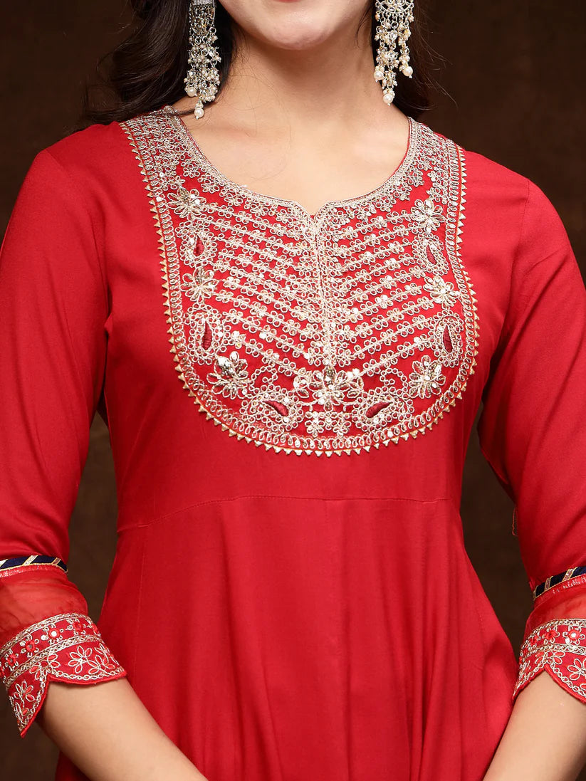 Red Solid & Embroidered Rayon Anarkali Kurta Pant Dupatta Set