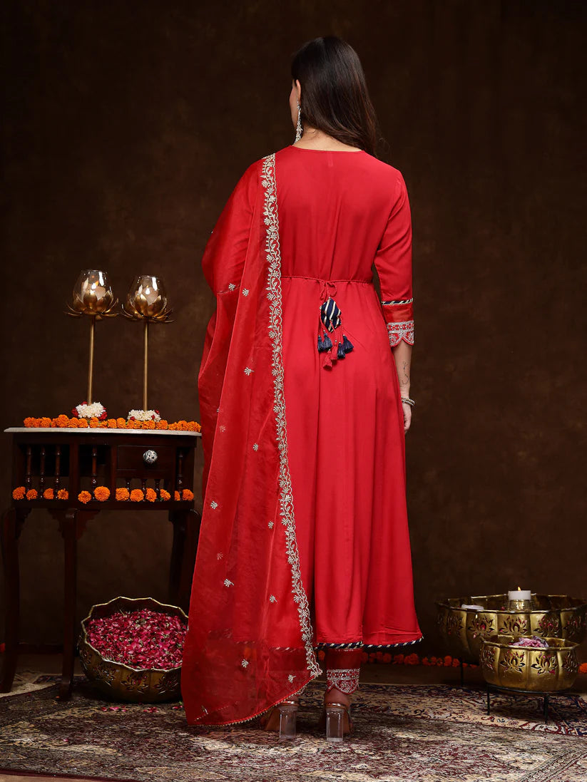 Red Solid & Embroidered Rayon Anarkali Kurta Pant Dupatta Set