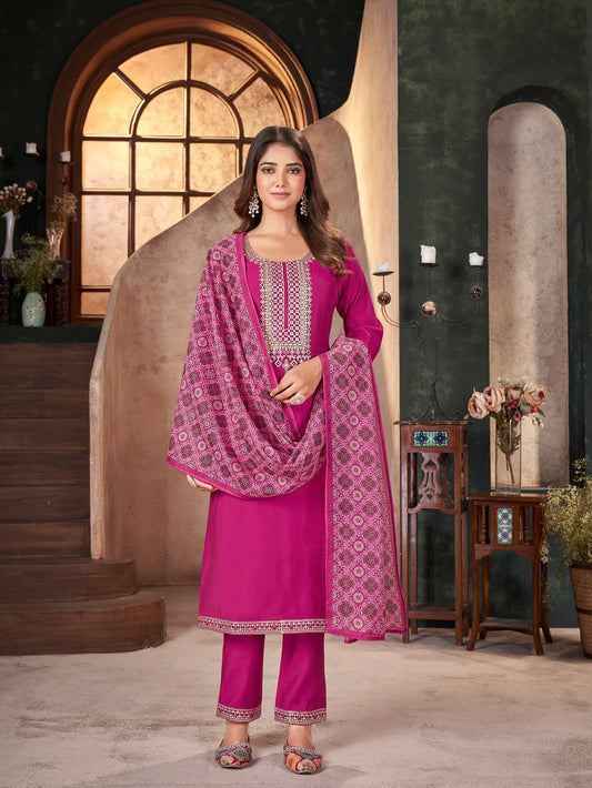 Rose Solid & Embroidered Silk Straight Kurta Pant Dupatta Set