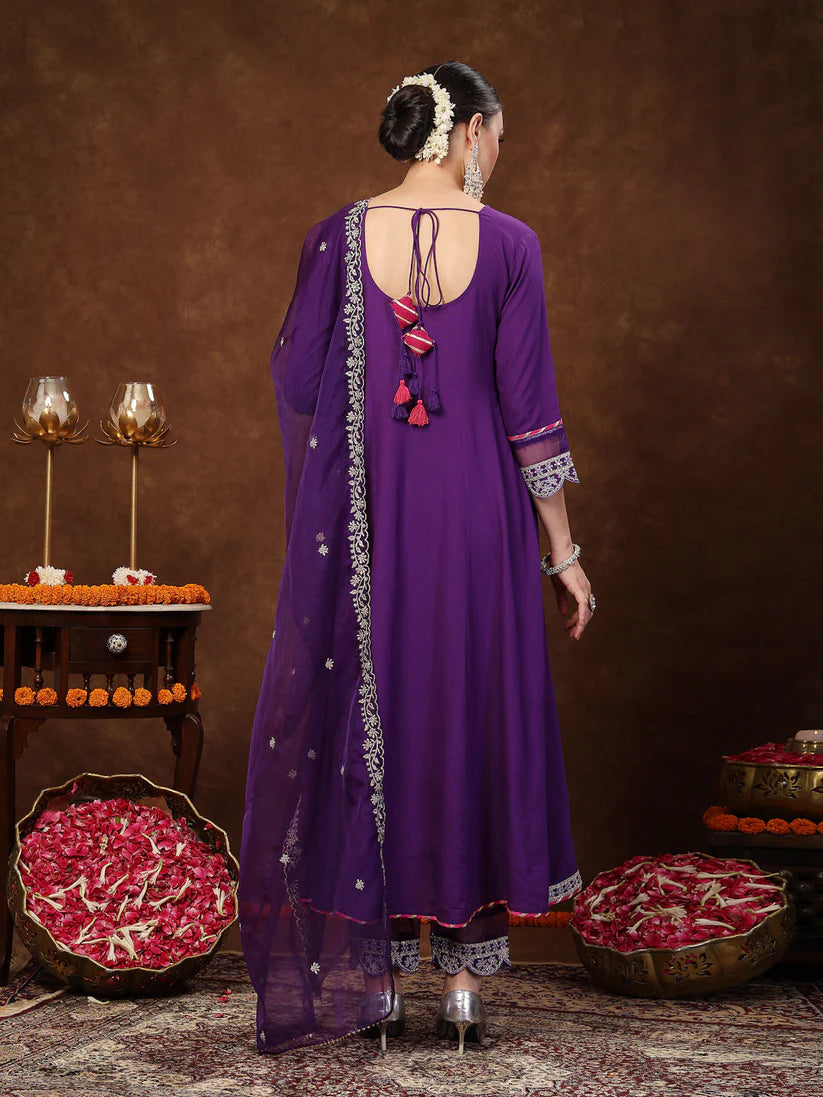 Violet Solid & Embroidered Rayon Anarkali Kurta Pant Dupatta Set