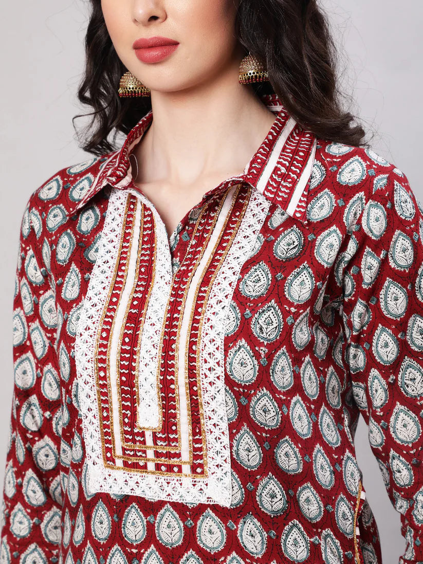 Maroon Rayon Printed Kurta & Pants Set