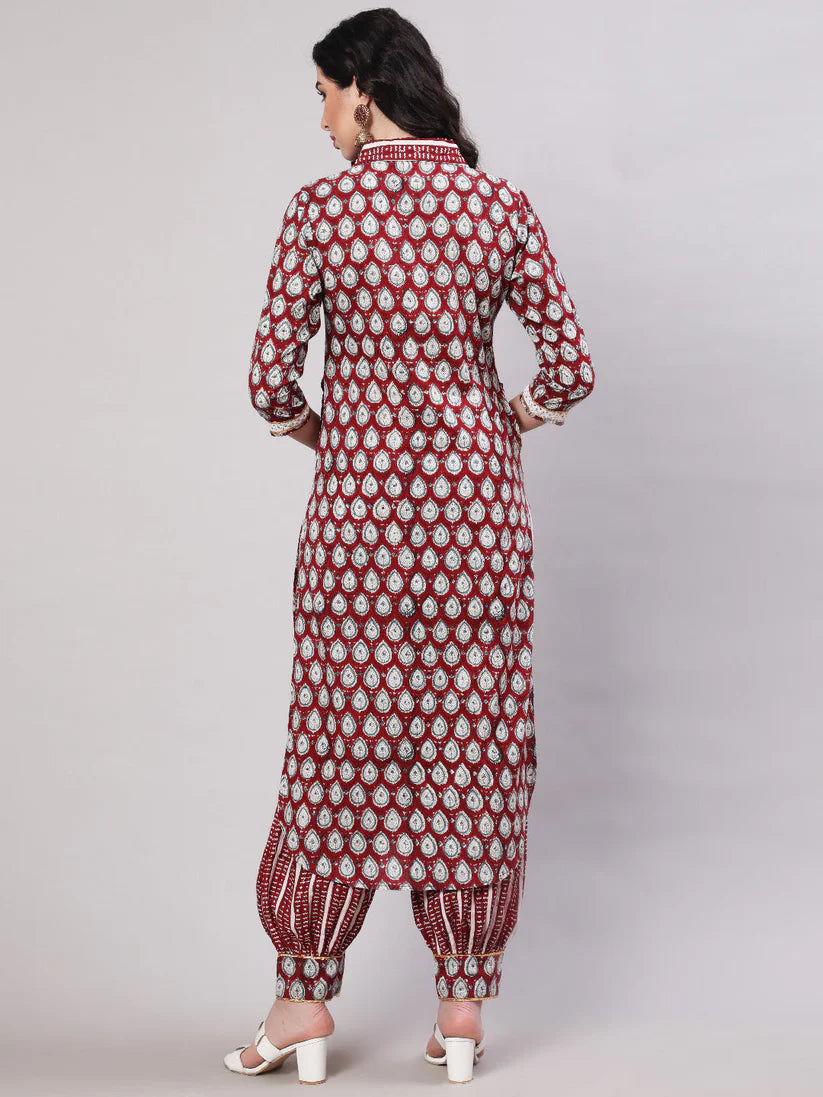 Maroon Rayon Printed Kurta & Pants Set