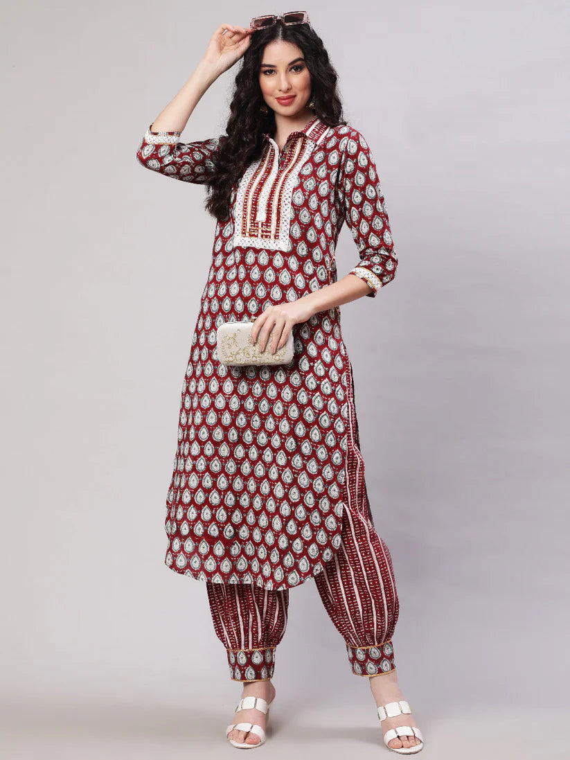 Maroon Rayon Printed Kurta & Pants Set